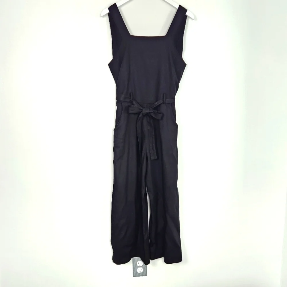 Monteau Black Linen Rayon Blend Tie-Waist V-Cutout Back Cropped Jumpsuit Size L - Picture 1 of 11